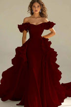 Off the Shoulder Sleeveless Long Mermaid Prom Dress With Ruffles JQ0149