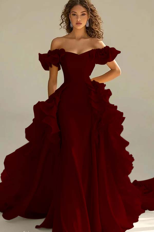 Off the Shoulder Sleeveless Long Mermaid Prom Dress With Ruffles JQ0149
