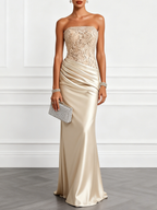Champagne Lace Jacquard Satin Strapless Sleeveless Mermaid Gown Dress
