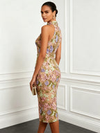 Khaki 3D Floral Classic Halter Neck Sleeveless Sheath Midi Dress