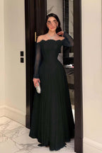 Cocoslly Strapless Long Sleeves High Waist Long Prom Dress With Pleated | Ink Blue Lace YC0488