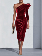 Royal Blue One Shoulder Three Quarter Sleeve Sheath Midi Velvet Dress