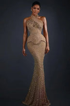 Cocoslly Halter Sleeveless High Waist Long Mermaid Prom Dress | Glod Champage Beading Pearls LR0565