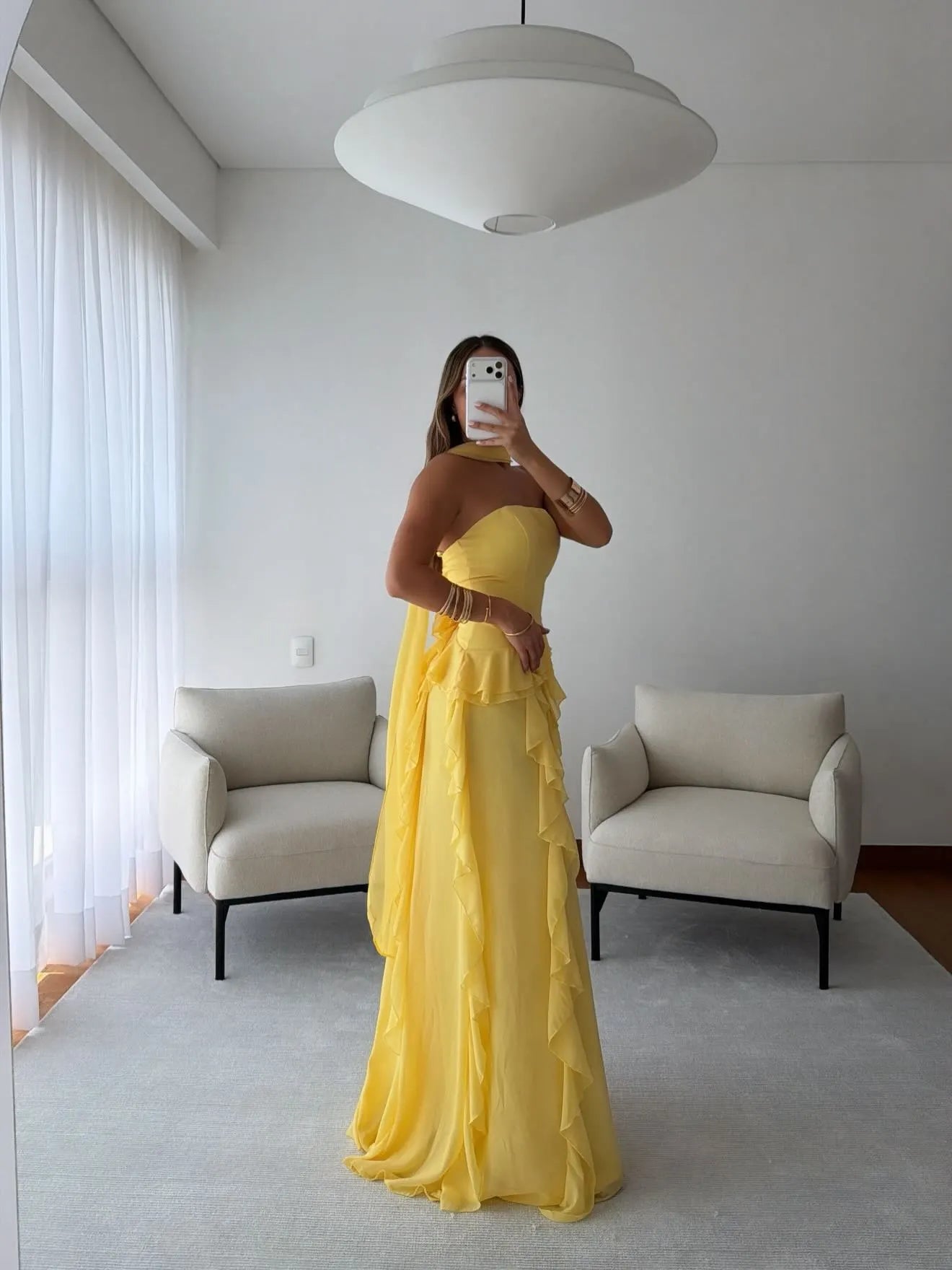 Cocoslly Strapless Sleeveless High Waist Long Split Prom Dress With Scarf And Ruffles | Daffodil Chiffon CO0189