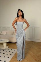 Cocoslly Strapless Sleeveless High Waist Long Prom Dress With Split And Pleated | Ice Blue Satin YC0566