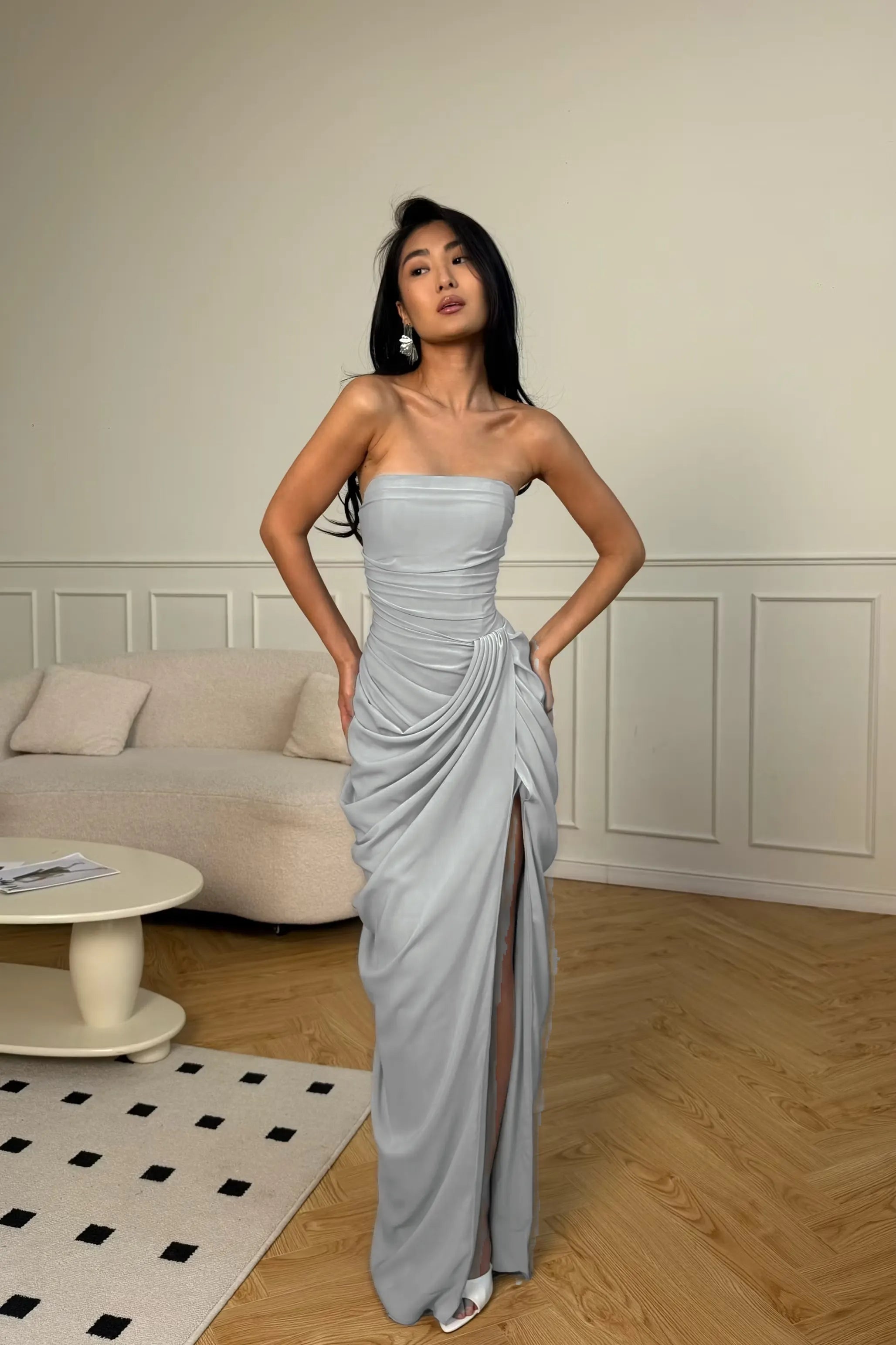 Cocoslly Strapless Sleeveless High Waist Long Prom Dress With Split And Pleated | Ice Blue Satin YC0566