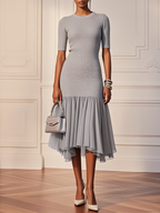 Gray Asymmetric Knit Cotton Crew Neck Half Sleeve Mermaid Midi Dress