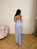 Cocoslly Strapless Sleeveless High Waist Long Prom Dress With Split And Pleated | Ice Blue Satin YC0566