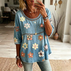 Women's Vintage Floral Art Flowy Linen Blend Three Quarter Sleeves T-shirt