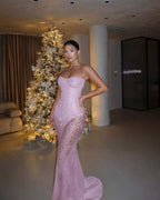 Red Tulle Strapless Sleeveless Long Mermaid Prom Dress With Sequins And Corset YK0682