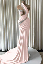 Cocoslly One Shoulder Sleeveless High Waist Long Mermaid Prom Dress With Pearls | Dusty Blue Satin JZ0162