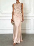 Light Pink Embroidery Satin Crew Neck Sleeveless Sheath Gown Dress