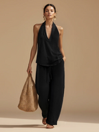 Casual Urban Style White Linen V-neck Sleeveless Top And Wide Leg Pants Set