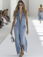 Western Retro Light Blue Denim Sleeveless Raw Edge Wide Leg Zipper Jumpsuit