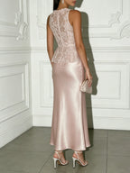 Pink Lace Jacquard 3D Floral Satin Crew Neck Sleeveless Sheath Maxi Dress