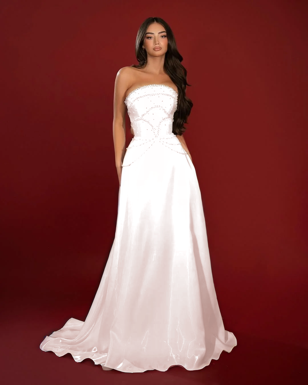 Satin Strapless Sleeveless High-Waisted Long A-Line Prom Dress With Beadings YK0662