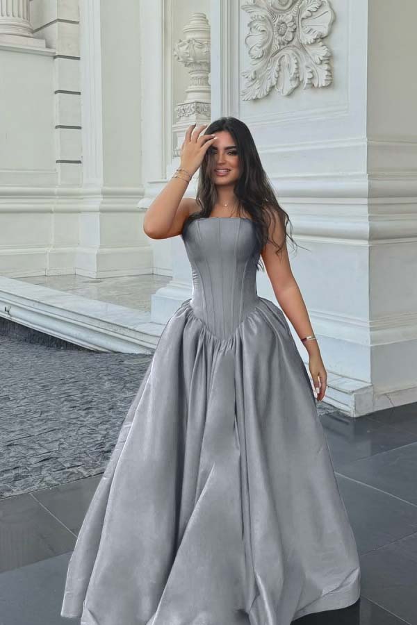 Cocoslly Simple Strapless Sleeveless Long A-line Prom Dress | Fuchsia Satin ZT0713