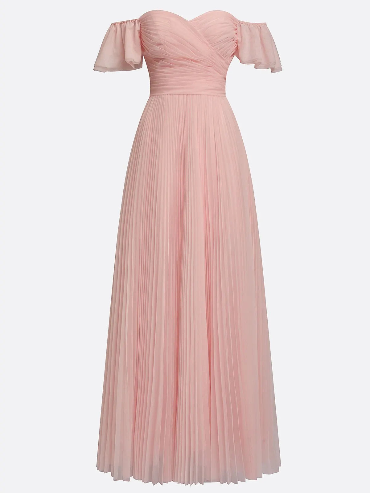 Pink Ruffled Pleated Tulle Off The Shoulder Short Sleeve A-Line Gown Dress