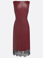 Burgundy Faux Leather Lace Ruched Classic Boat Neck Sleeveless Shift Midi Dress