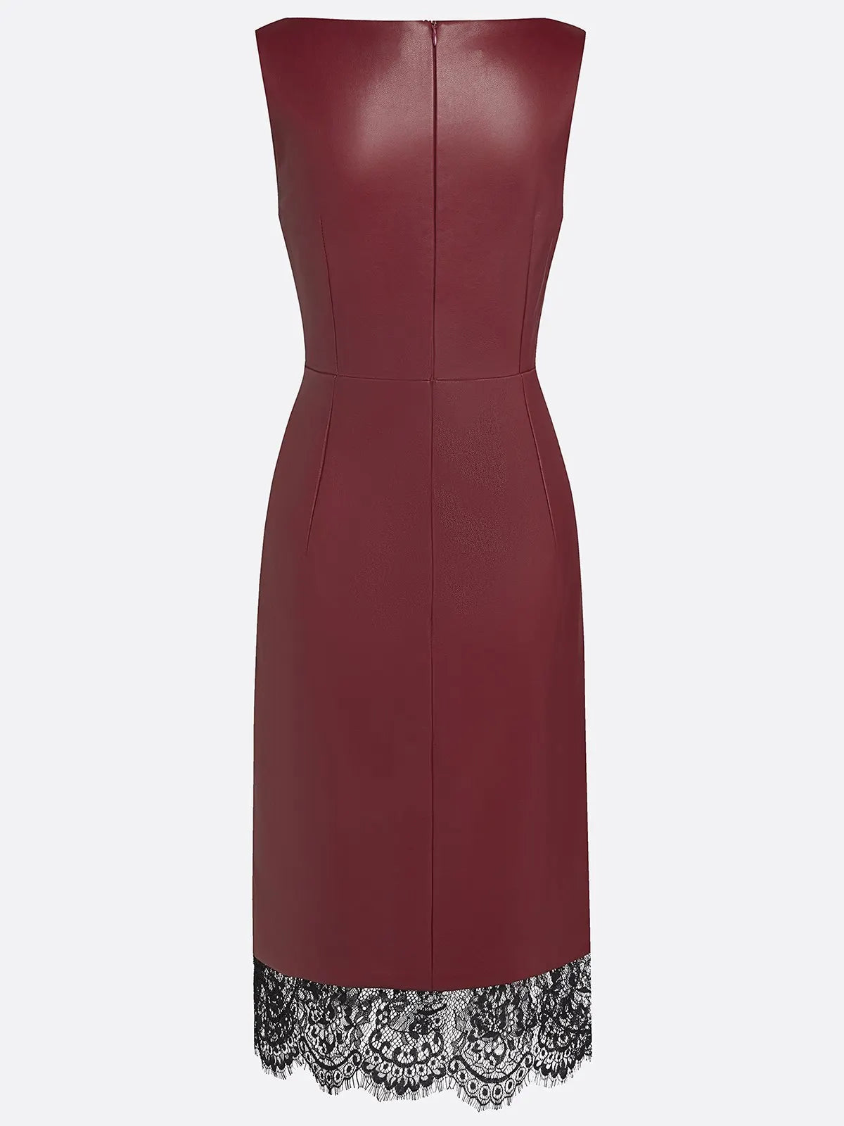 Burgundy Faux Leather Lace Ruched Classic Boat Neck Sleeveless Shift Midi Dress