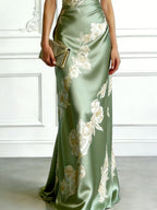 Green Floral Satin One Shoulder Sleeveless Sheath Floor-length Gown Dress