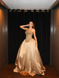 Cocoslly Halter Neck Strapless Sleeveless Long A-Line Prom Dress With Pleated And Sequins Rhinstone | Champage Satin YK0886