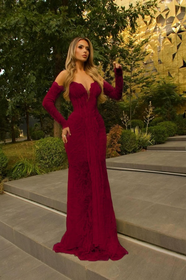 Cocoslly Strapless Sleeveless High Waist Long Mermaid Prom Dress With Gloves | Glod Lace WQ0318