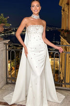 Cocoslly Strapless Sleeveless High Waist Long Mermaid Prom Dress With Rhinstone | Blue Satin YC0546