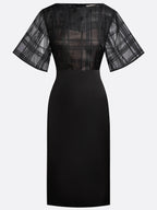 Black Organza Plaid Classic Boat Neck Half Sleeve Dolman Sleeve Sheath Midi Dress