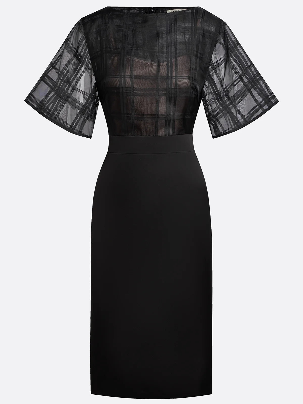 Black Organza Plaid Classic Boat Neck Half Sleeve Dolman Sleeve Sheath Midi Dress