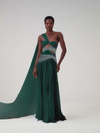 Cocoslly One Shoudler Sleeveless High Waist Long Prom Dress With Rhinstone | Ice White Chiffon YK1281