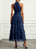 Purplish Blue 3D Floral Embroidery Classic Halter Neck Sleeveless A-Line Maxi Dress