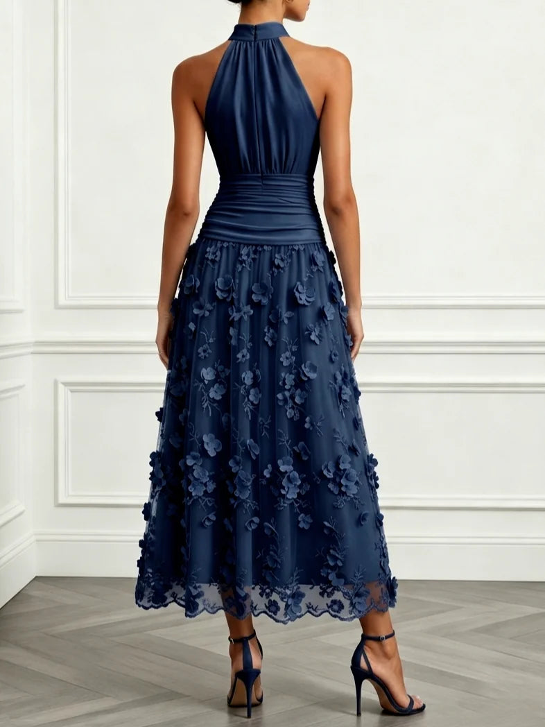 Purplish Blue 3D Floral Embroidery Classic Halter Neck Sleeveless A-Line Maxi Dress