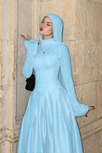 Cocoslly High Neck Long Sleeves High Waist Long Prom Dress With Hat | Burgundy Satin LR0513