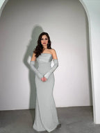 Strapless Sleeveless High-Waisted Long Pleated Mermaid Prom Dress With Rhinstone And Gloves YK0618