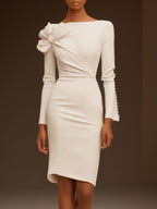 Cream White Bow Long Sleeve Sheath Midi Dress