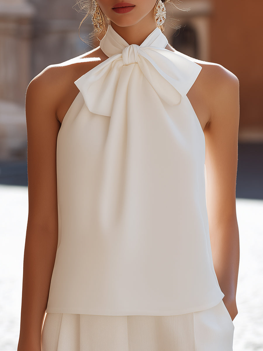 Sleeveless Bow-Tie Halter Blouse