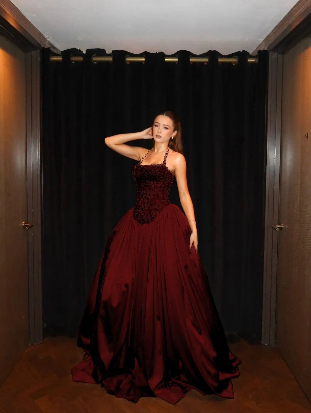 Cocoslly Halter Neck Strapless Sleeveless Long A-Line Prom Dress With Pleated And Sequins Rhinstone | Champage Satin YK0886
