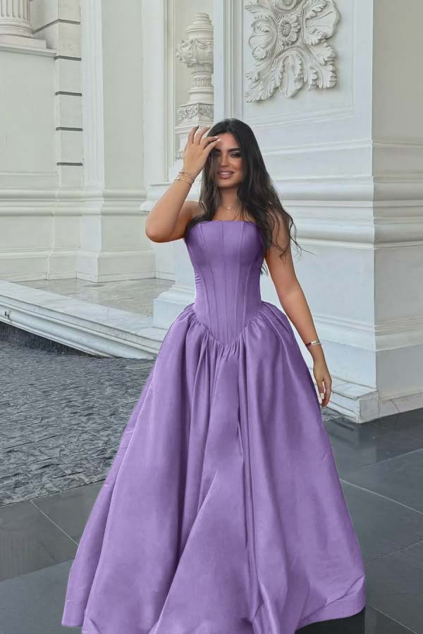 Cocoslly Simple Strapless Sleeveless Long A-line Prom Dress | Fuchsia Satin ZT0713