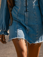 Vintage Western-style Blue Denim Collared Long-sleeve Mini Dress