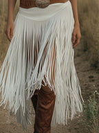 Retro Premium Western Style Brown Belt White Suede Tassel Skirt