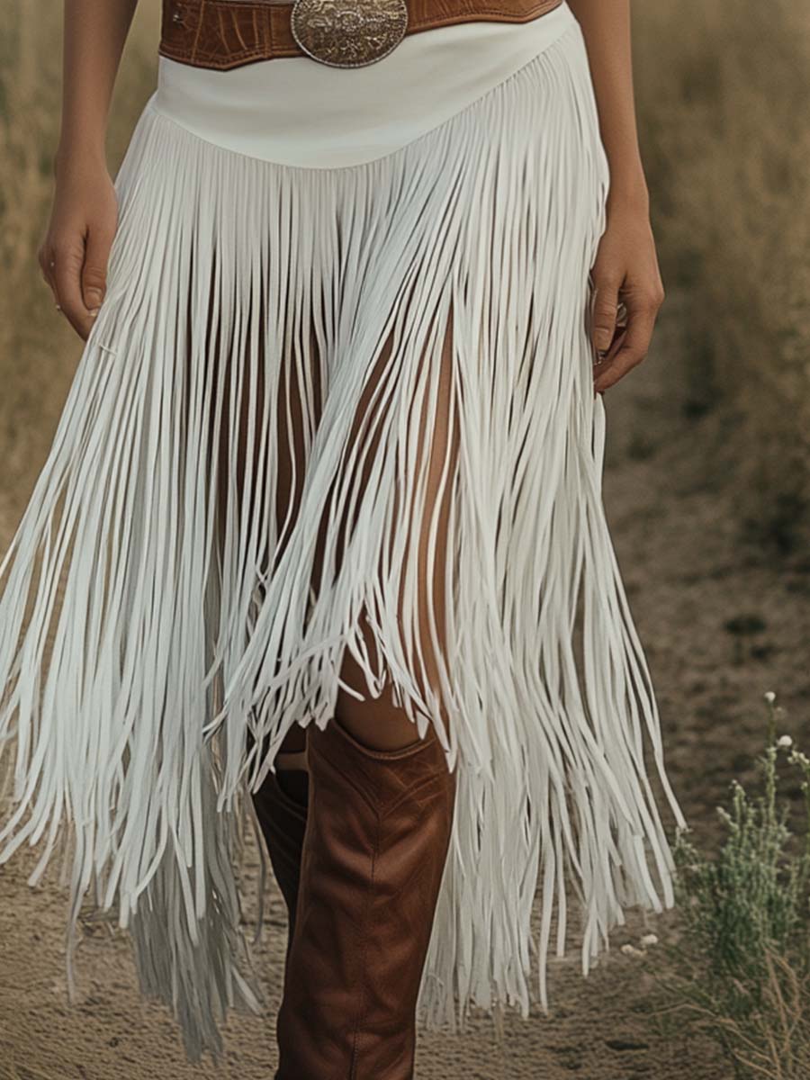 Retro Premium Western Style Brown Belt White Suede Tassel Skirt