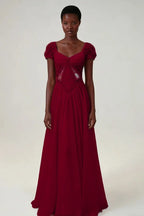 Cocoslly Short Sleeves High Waist Long Prom Dress With Rhinstone | Blushing Pink Chiffon LR0376