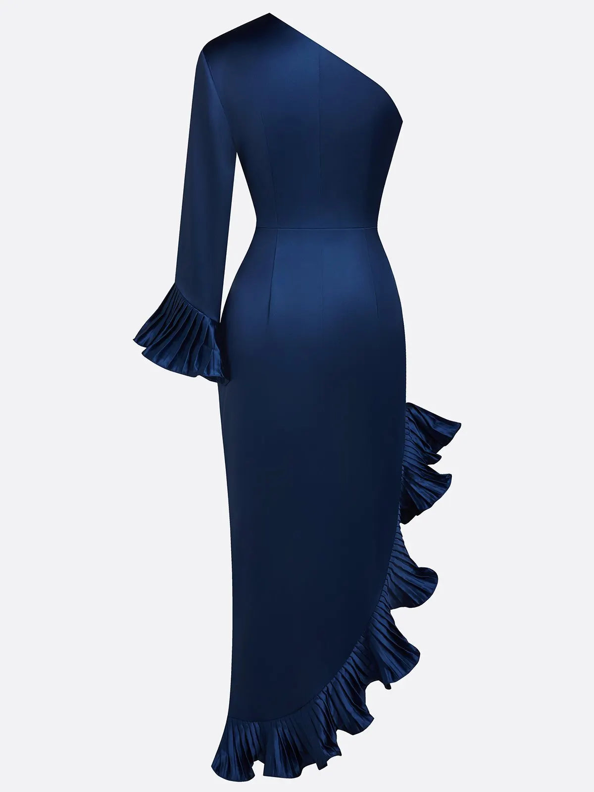 Navy Blue Ruffled Satin One Shoulder Long Sleeve Bell Sleeve Sheath Maxi Dress