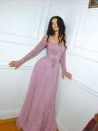 Tulle Off-The-Shoulder Strapless Long Sleeves Long A-Line Prom Dress With Sequins YK0629