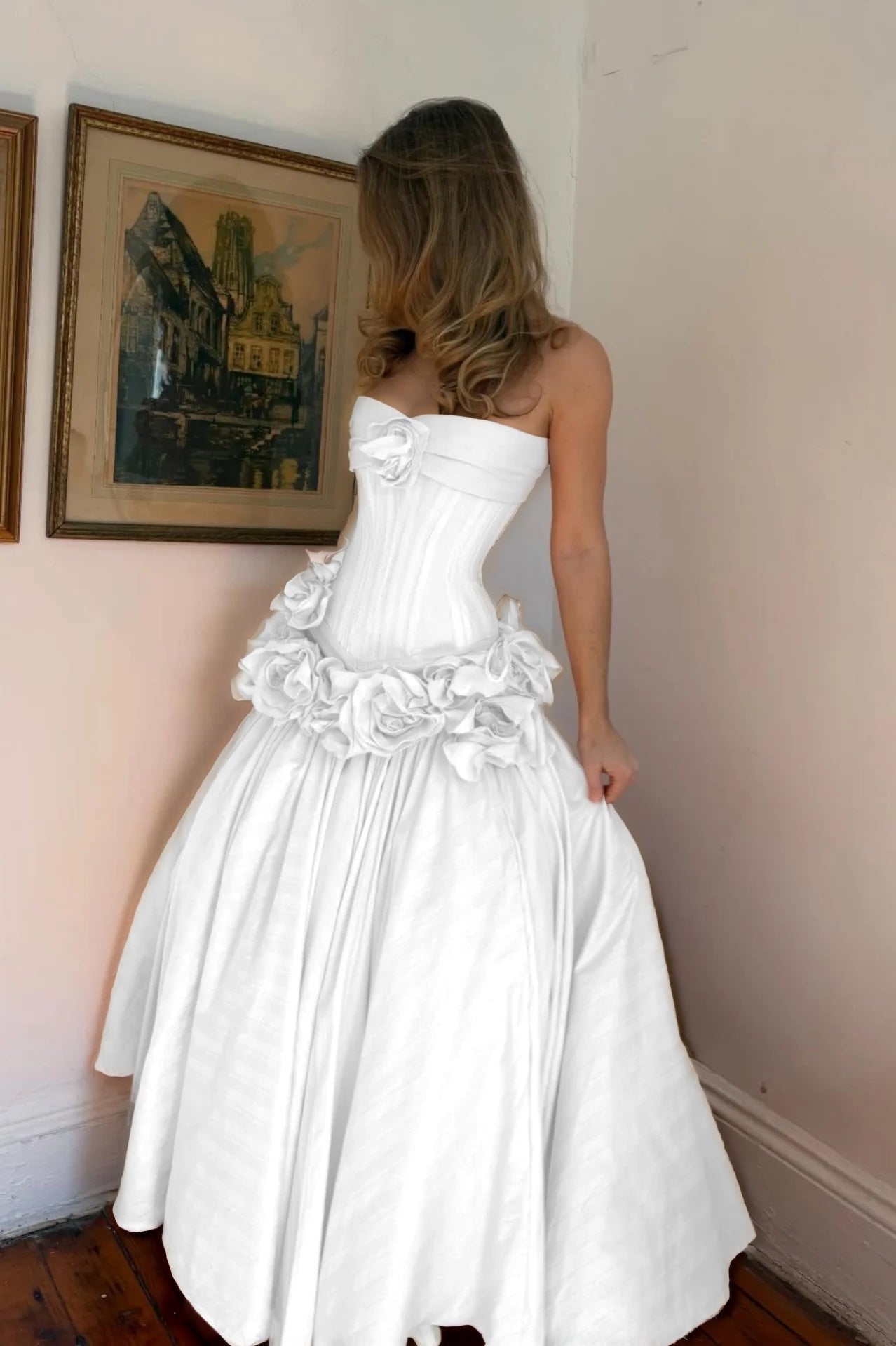 Cocoslly Strapless Sleeveless High Waist Long A Line Prom Dress With Flowers | Nude Pink Satin YC0415