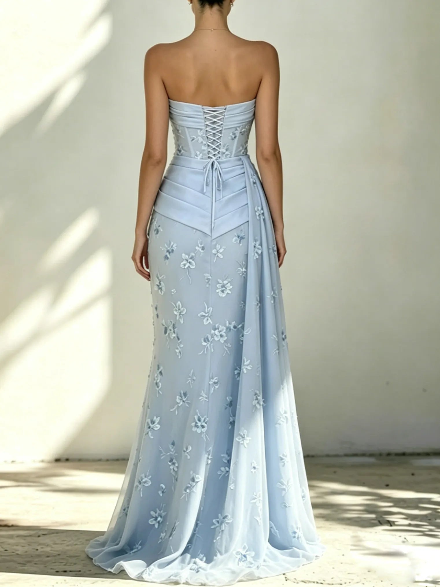 Light Blue Classic Strapless Sleeveless Mermaid Floor-length Gown Dress