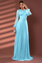Chiffon Jewel Neck Long Sleeves Long Prom Dress With Pleated WQ0258
