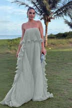 Charming Strapless Sleeveless Long Prom Dress With Pleated Ruffle WQ0065