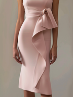 Pink Ruched Boat Neck Sleeveless Sheath Midi Dress